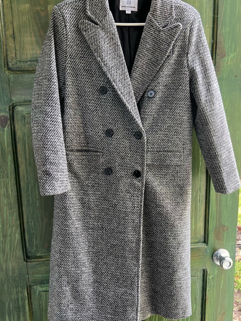 Pink Diamond Oversized Double-Breasted Herringbone Pea Coat - Black & White - Picture 3 of 6